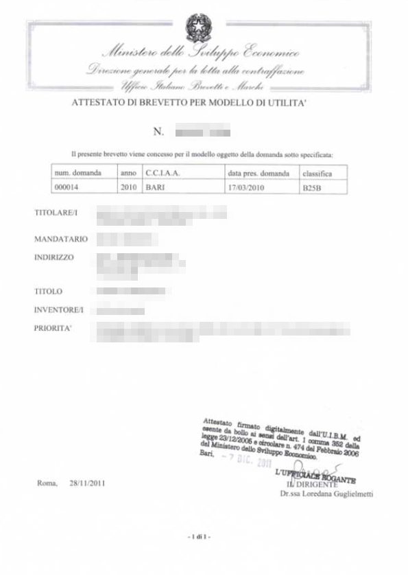 義大利新型專利證書