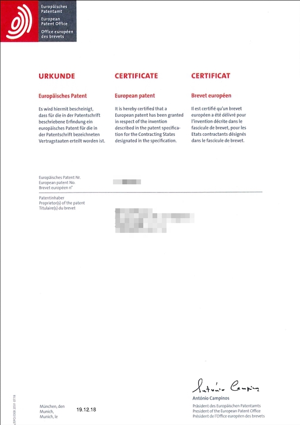 歐盟發明專利證書/EU Invention Patent(EU) Certificate