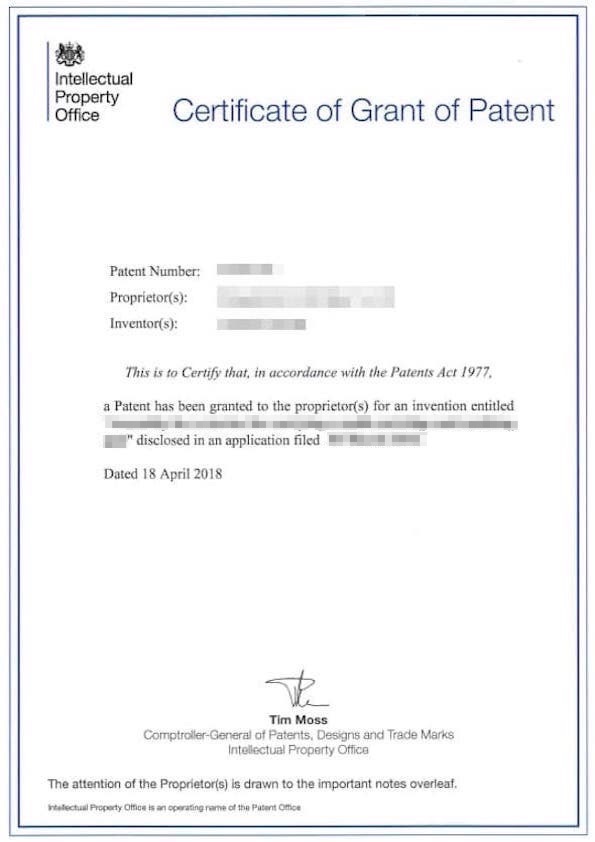 英國發明專利證書/United Kingdom Invention Patent(GB) Certificate