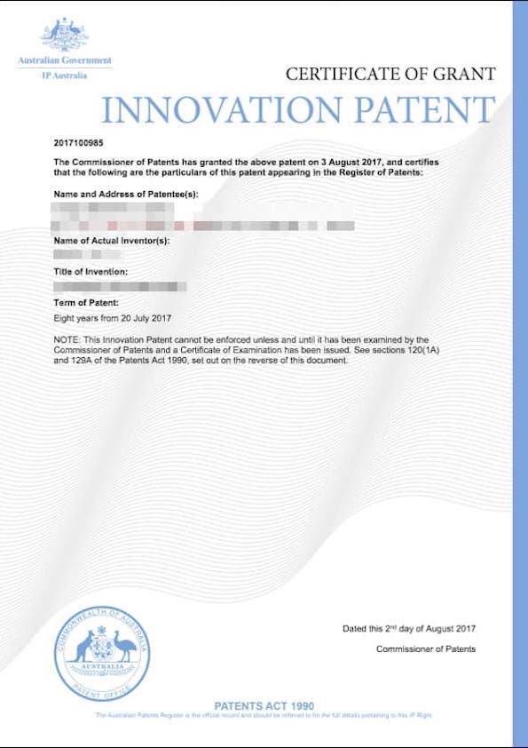 澳洲發明專利證書/Australia Invention Patent(AU) Certificate